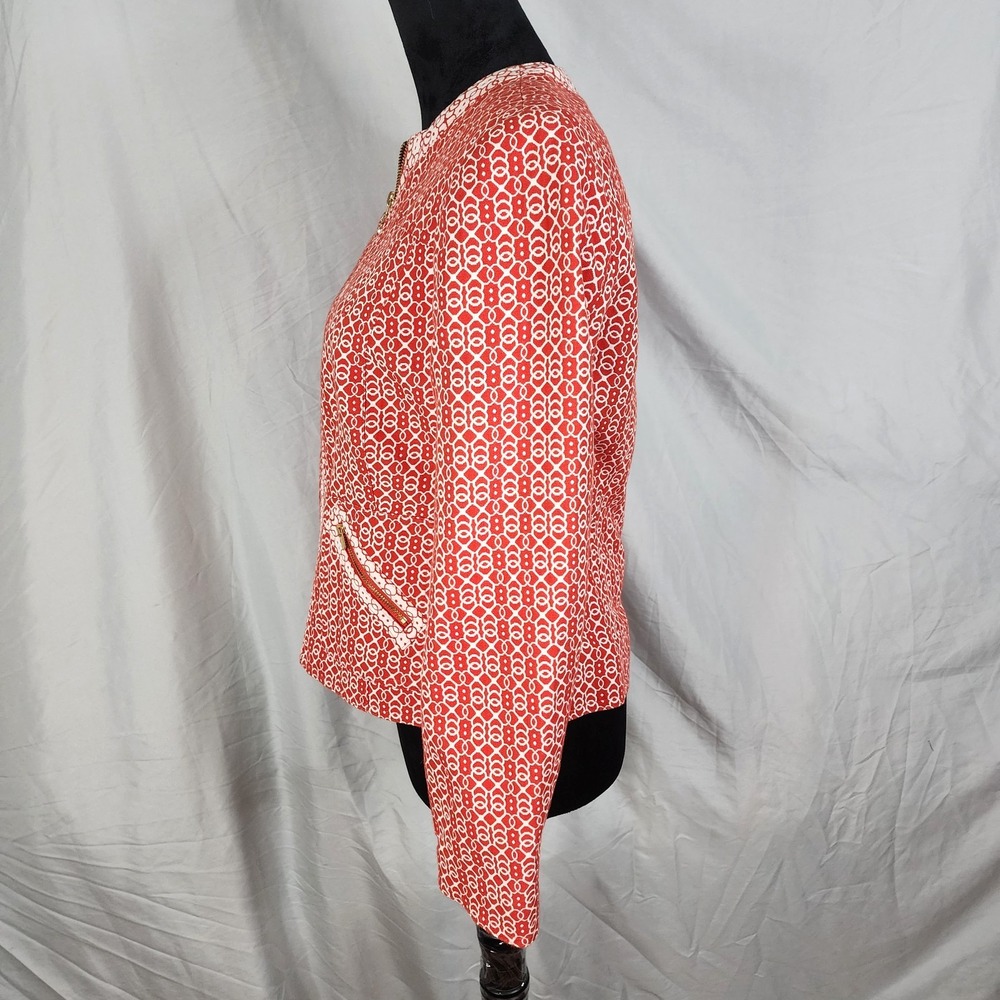 JONES NEW YORK Size Large Red‎ White Jacquard 100% Cotton Full Zip Blazer Jacket - Picture 6 of 13